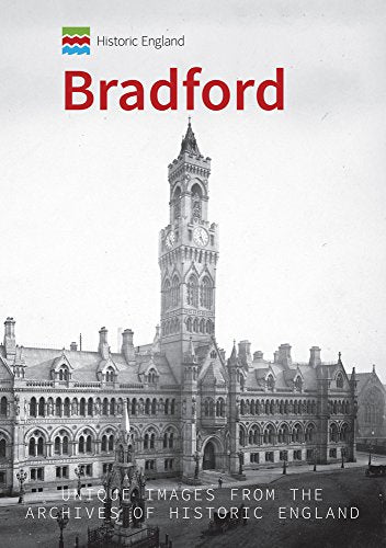 Black and white photograph of Bradford Town Hall with a clock tower.