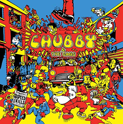 Cartoon illustration of a chaotic city street scene with a red car and characters.