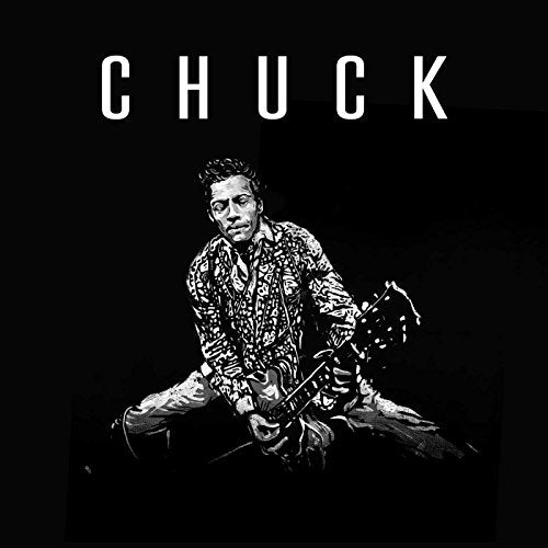 Black and white image of Chuck Berry playing guitar, album cover.