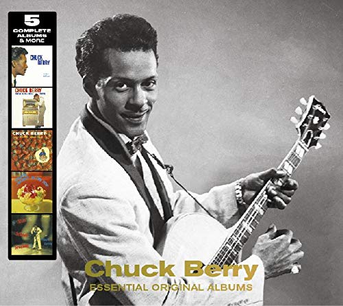 Black and white portrait of Chuck Berry holding a guitar with album cover thumbnails.