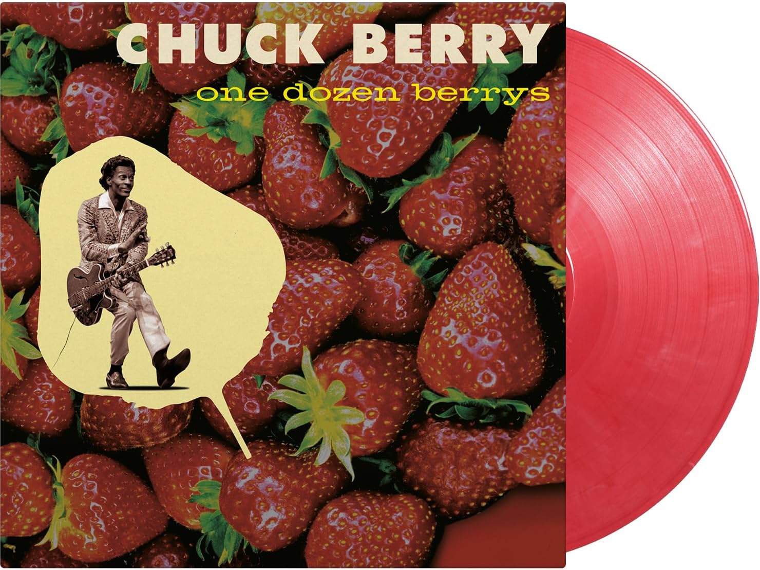 Chuck Berry vinyl record cover with strawberries and a musician’s image.