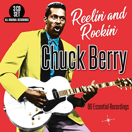 Chuck Berry album cover with man in yellow jacket playing white guitar on red background.