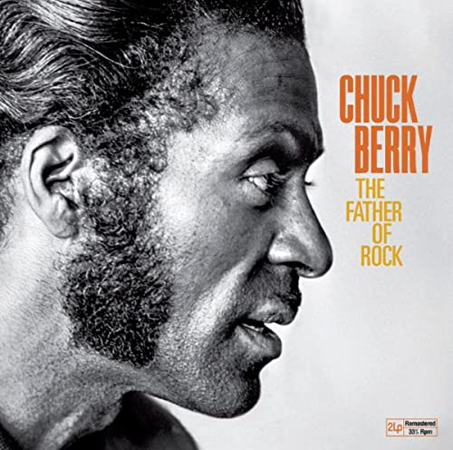 Black and white portrait of Chuck Berry, with text “Chuck Berry, The Father of Rock.”