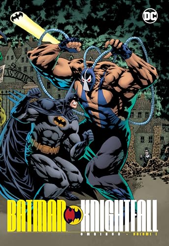 Batman kneels before the massive, muscular villain Bane in a comic book cover.