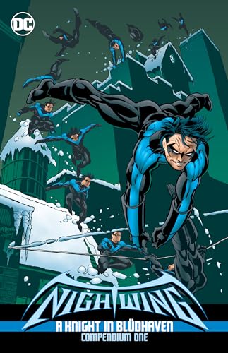Nightwing in blue and black suit leaping across a snowy cityscape.