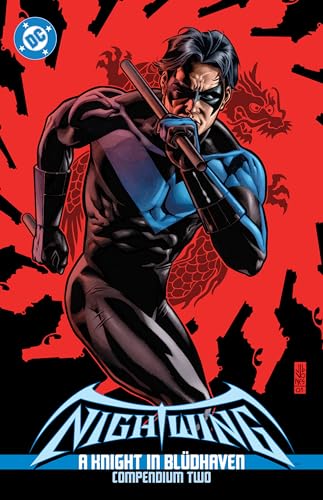Nightwing in his black and blue suit on a red background with title text.