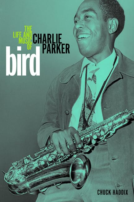 Book cover featuring Charlie Parker with his saxophone, in sepia tones.