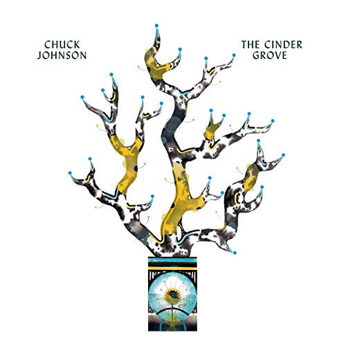 "Album cover featuring a stylized tree with yellow and black branches and blue buds."