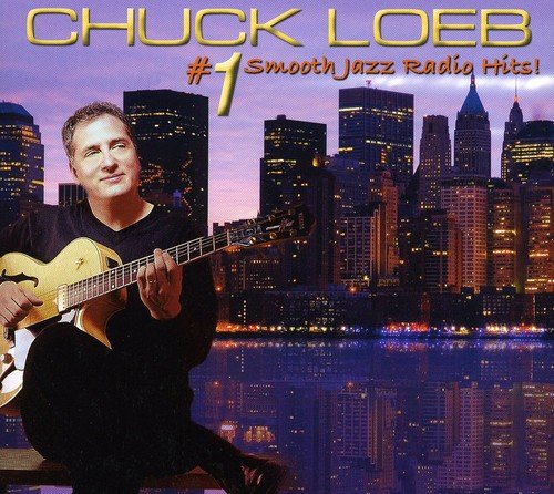 Chuck Loeb holding an acoustic guitar against a city skyline at sunset.