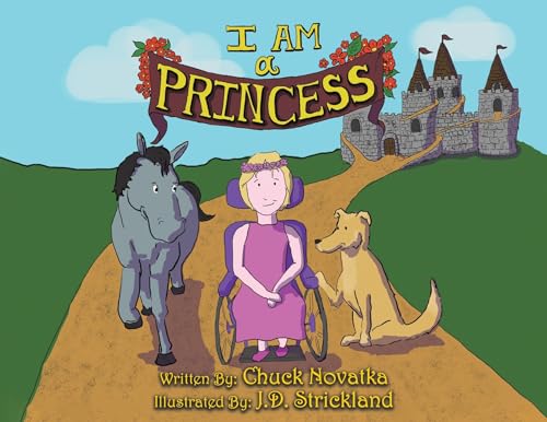 Book cover: princess in wheelchair with donkey and dog, castle backdrop.