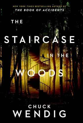 Book cover: dark woods with a winding staircase and a silhouetted figure.