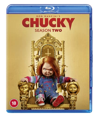 “Chucky” Season Two Blu-ray cover featuring the doll on a golden throne.
