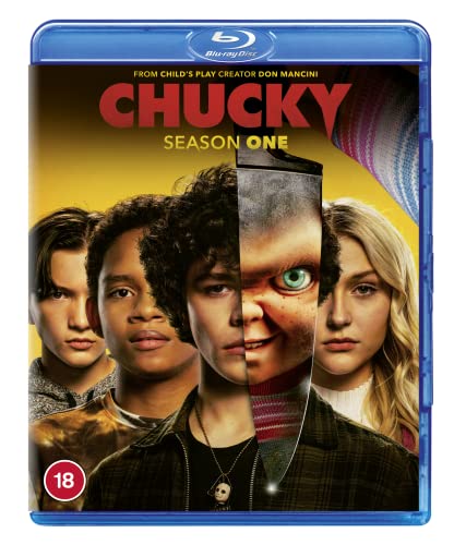 “Chucky” Season 1 Blu-ray cover featuring Chucky and young actors.