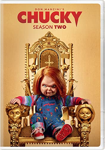 Chucky doll sitting on an ornate gold throne, DVD cover art.