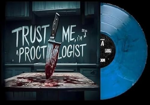 A bloody knife on a table with text and a blue vinyl record.