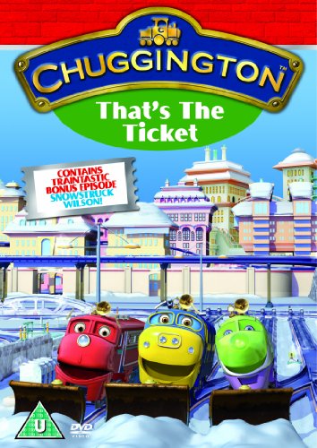 Chuggington DVD cover featuring three colorful train characters in a snowy town.