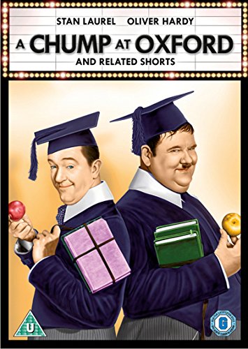 DVD cover featuring cartoon Stan Laurel and Oliver Hardy in graduation attire, holding books and apples.