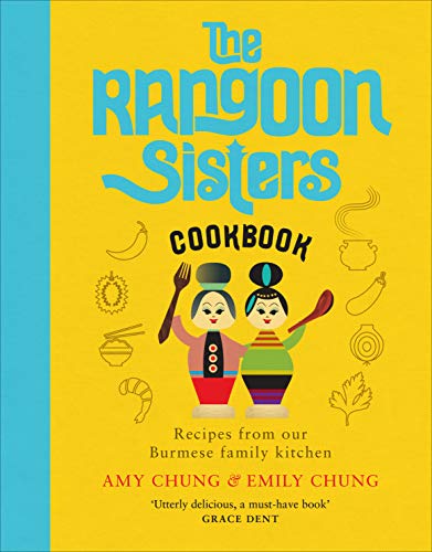 Yellow cookbook cover with illustrated sisters and Burmese food motifs.