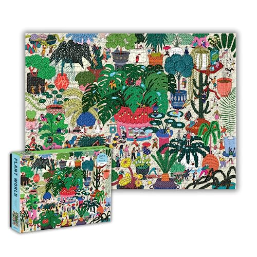 Completed jigsaw puzzle and box depicting a vibrant, detailed plant world scene.