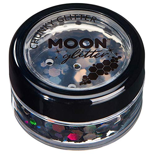 Small clear jar filled with chunky black holographic cosmetic glitter with a black lid.