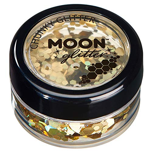 Small round jar of gold chunky holographic glitter with a black screw-top lid.