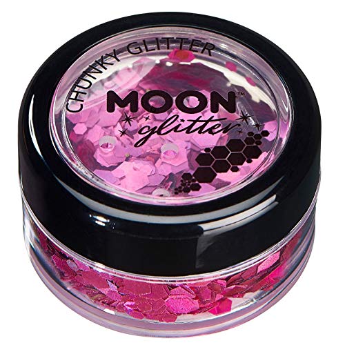 A small, round jar filled with pink chunky holographic glitter by Moon Glitter.