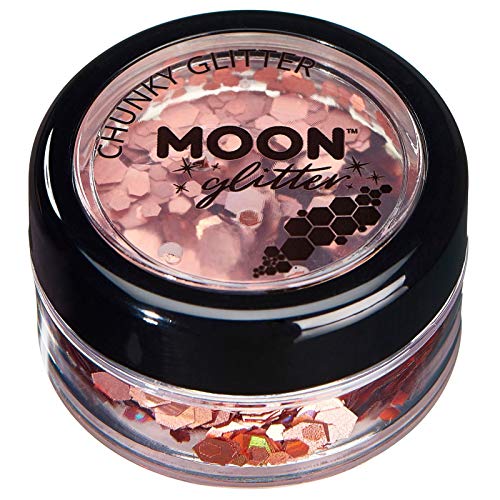 Small circular jar containing rose gold chunky cosmetic glitter with a black screw-top lid.