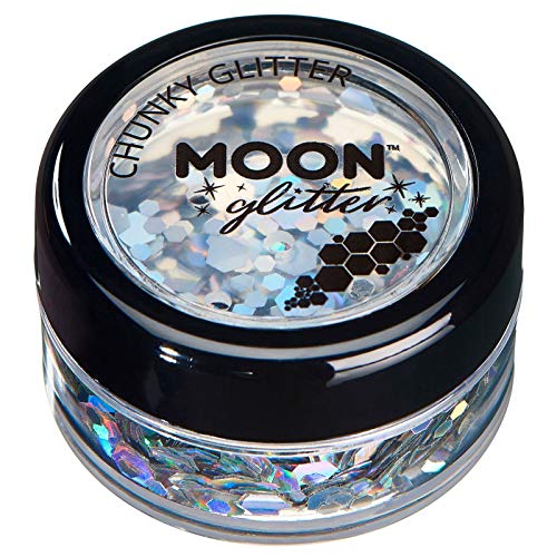 Small round container of silver holographic chunky glitter with Moon Glitter branding on lid.