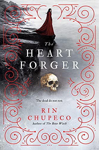 A woman in a red cloak stands on a cliff above a human skull.