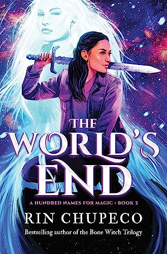 Book cover: woman with sword, ghostly figure, and colorful cosmic background.