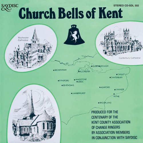 CD cover for “Church Bells of Kent” featuring cathedral sketches and a map.