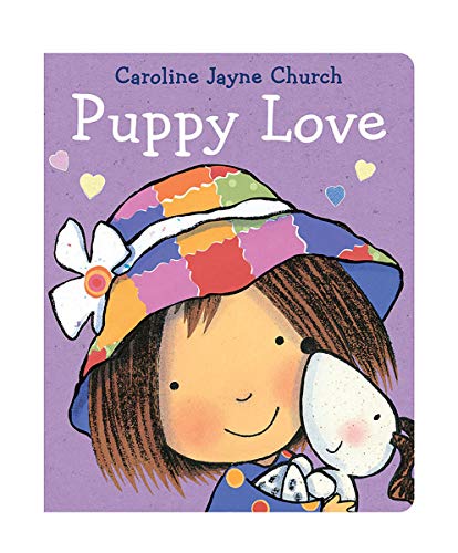 Book cover: girl with brown hair, colorful hat, and a white puppy.