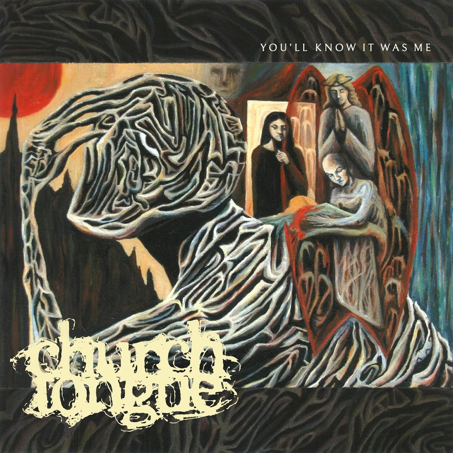Surreal painting featuring a large abstract figure, an angel, and the text Church Tongue.