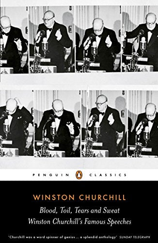 Book cover featuring a grid of black-and-white photos of Winston Churchill speaking.