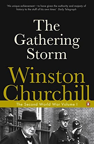 Book cover for The Gathering Storm by Winston Churchill featuring a black and white photo.