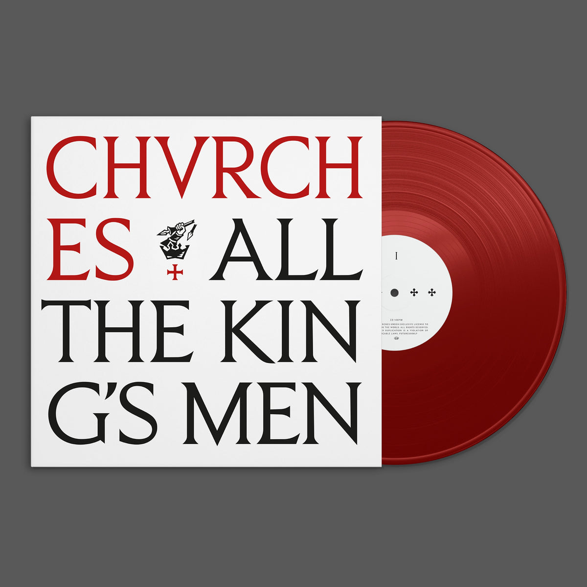 CHVRCHES album cover and red vinyl record, side view.