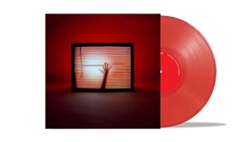 Red vinyl record with album art showing a hand reaching through blinds.