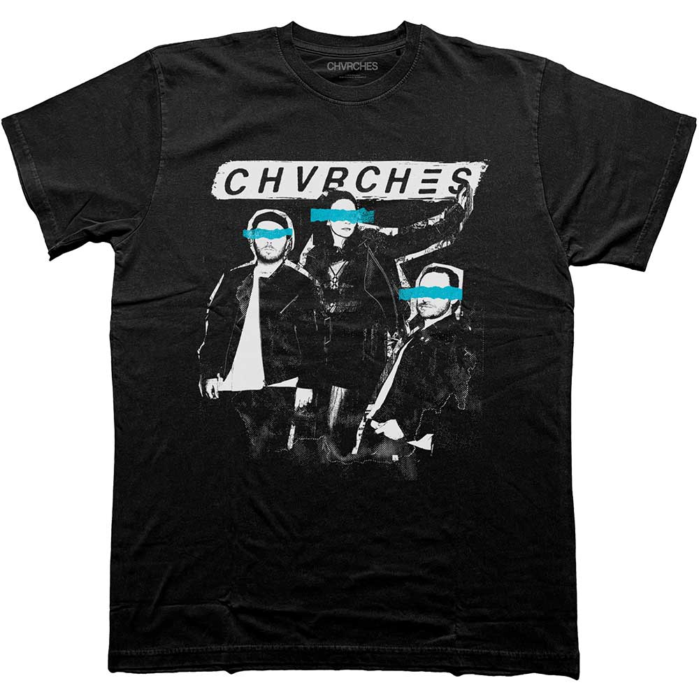 A black unisex t-shirt featuring a cut-out photographic design of the band Chvrches.