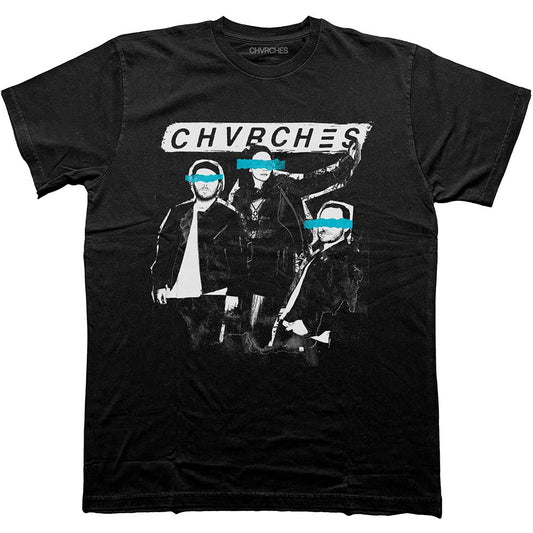 A black unisex t-shirt featuring a cut-out photographic design of the band Chvrches.