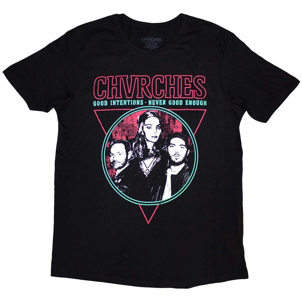 Black Chvrches band t-shirt, size X-Large, featuring "Good Intentions" text.