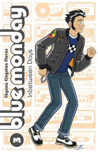 Comic book cover: young man running, cassette tapes in background.