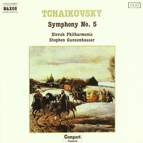 CD cover for Tchaikovsky’s Symphony No. 5 with a winter landscape painting.