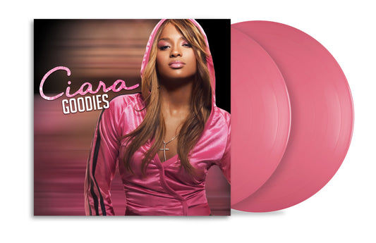 Ciara’s “Goodies” album cover with two hot pink vinyl records.