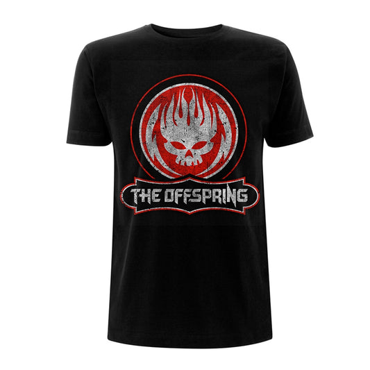 A man wearing a black T-shirt featuring a distressed red and white skull logo.