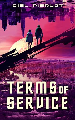 Book cover: two figures overlook a futuristic city under a large moon.