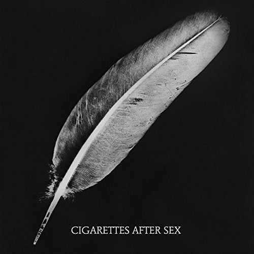 A black and white close-up of a single feather against a dark background.