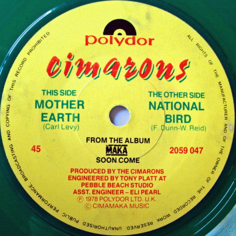 Yellow vinyl record label with "Cimarons - Mother Earth" text and central spindle hole.