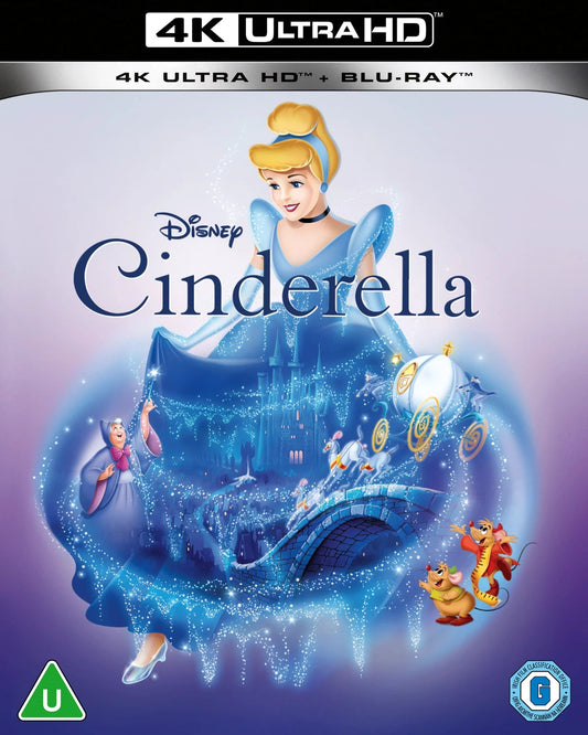 Cinderella Blu-ray cover featuring Cinderella, a castle, and animal helpers.