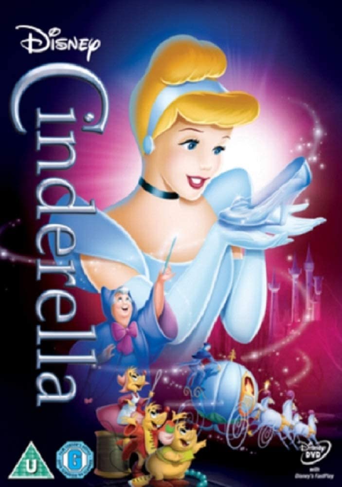 "DVD cover featuring Cinderella in a blue ball gown, smiling, against a blue background."