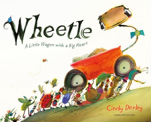 Red wagon pulled by colorful insects up a grassy hill.